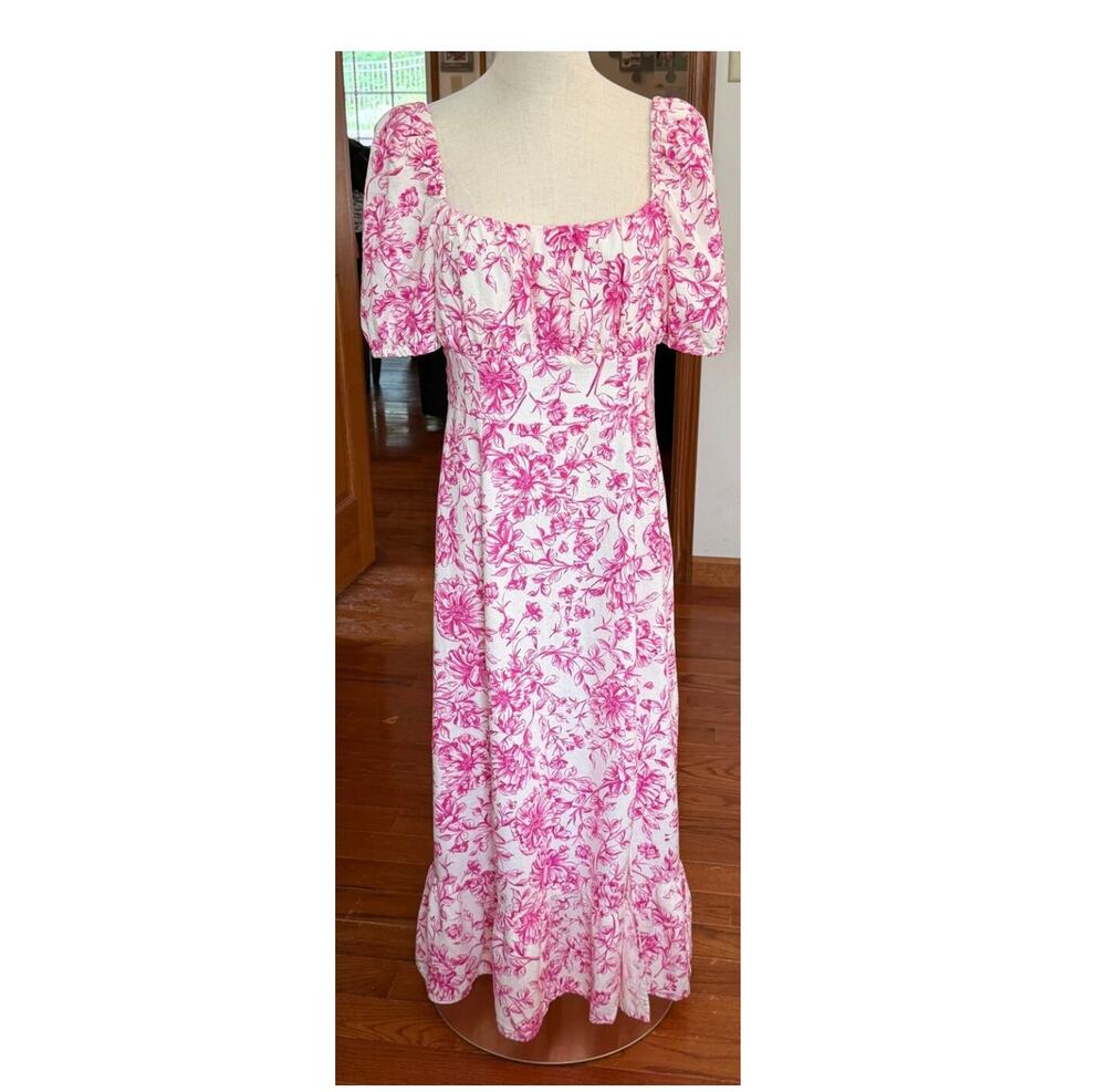 London Times Linen Blend Puff Sleeve Midi Dress Size 8